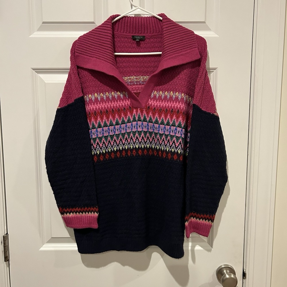 Talbots Plus Petite Sweater 2XP Pink Navy Chevron Fair Isle Metallic Collar EUC